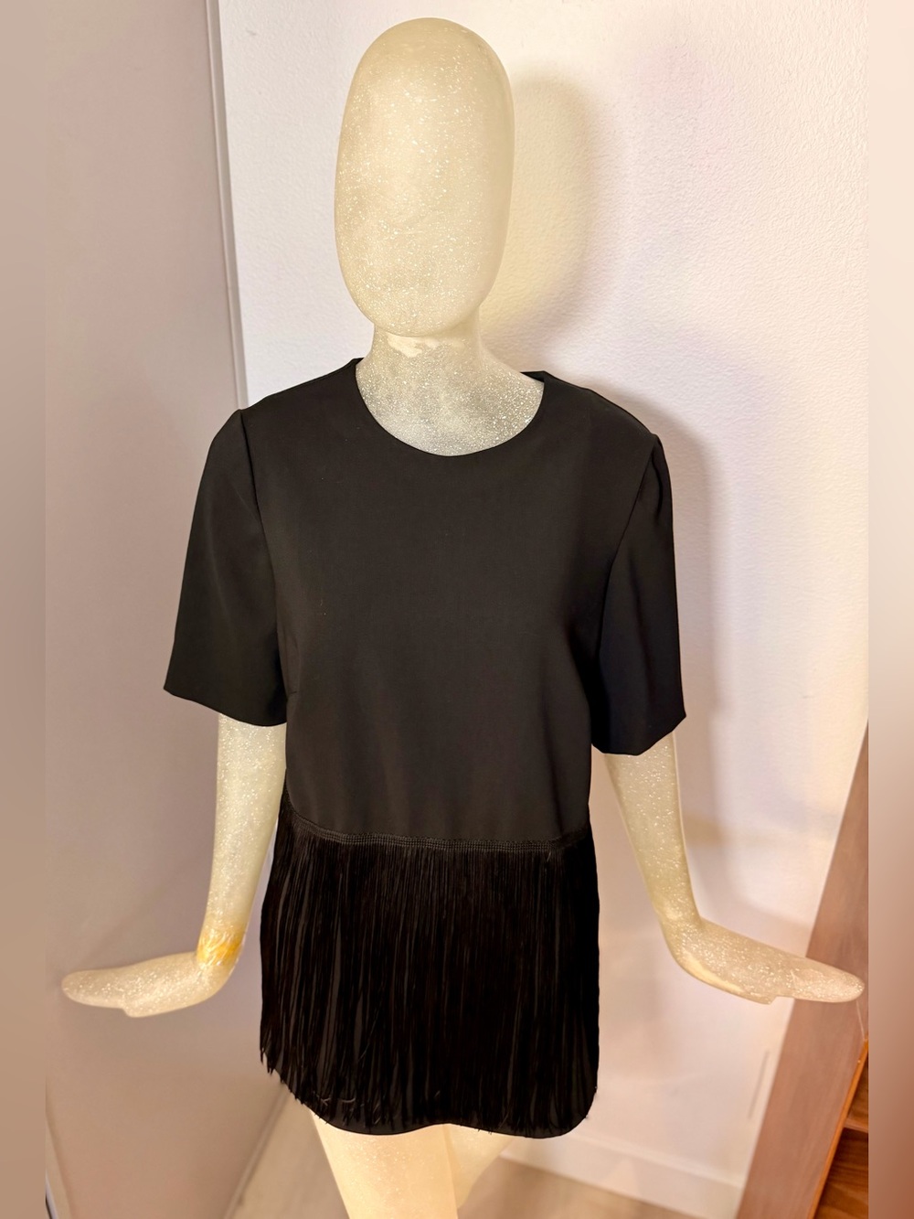 Lela Rose Black Silk Short Sleeve Fringe Top with Back Zip. Size 8